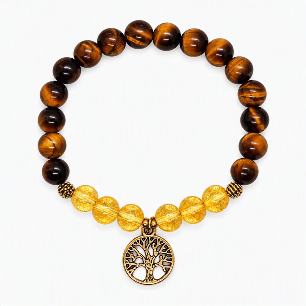 Henna Shoppe Tiger's Eye Citrine Gemstone Beaded Stretch Bracelet Tree of Life